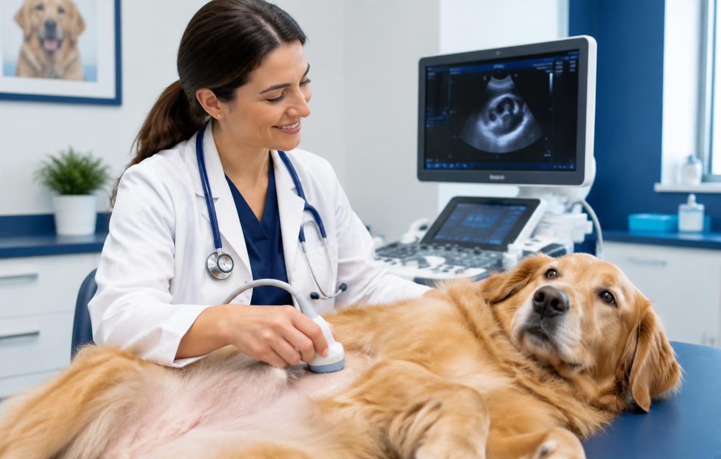 Veterinária realizando ultrassonografia em um cão