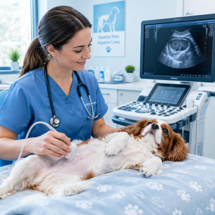 Veterinária realizando ultrassonografia em um cão